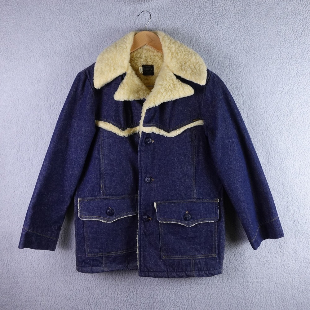 Vintage 70s Roebucks Sears Denim Sherpa Lined Western Jacket Men 38R Blue Indigo
